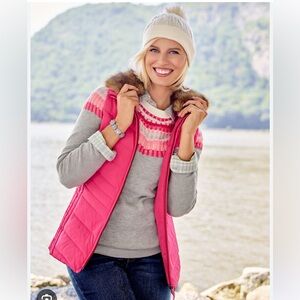 Talbots Hot Pink Faux Fur Collar Down Puffer Vest